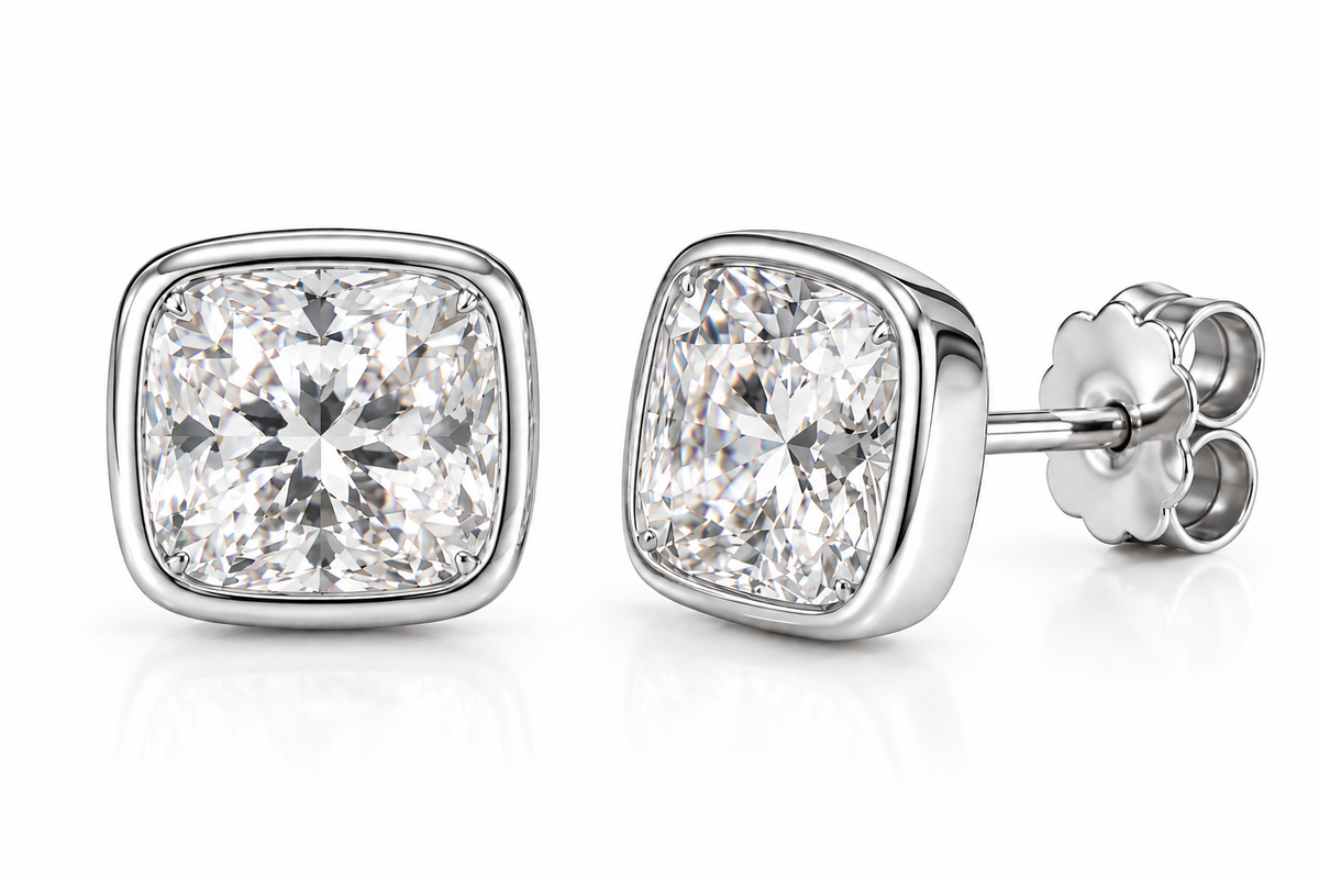 14k Gold Cushion Moissanite Stud Earrings Bezel Set, Birthday Gift for her