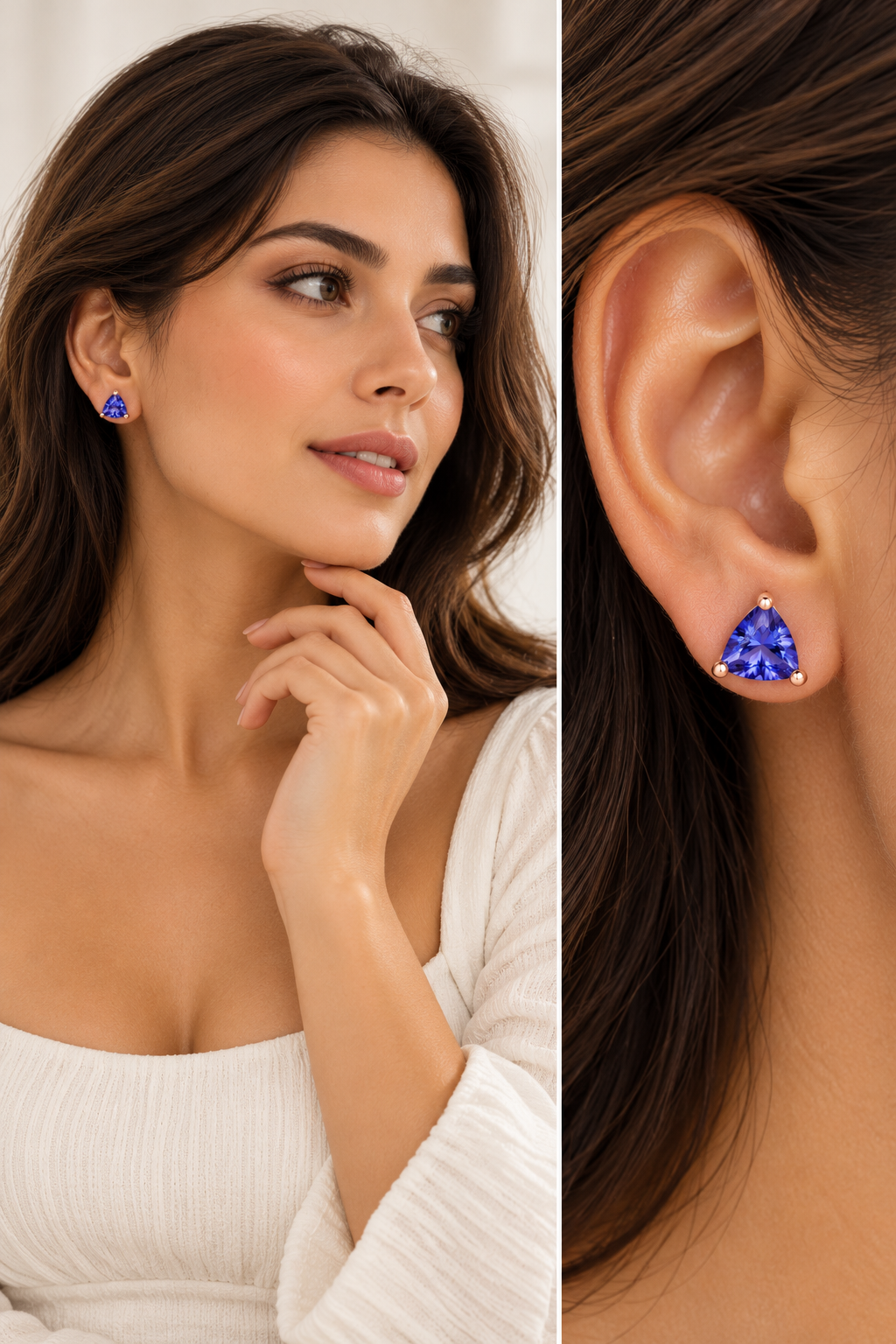 Trillion Cut Tanzanite Stud Earrings 14K White Gold Dainty Gemstone Earrings Gift for Him or Her
