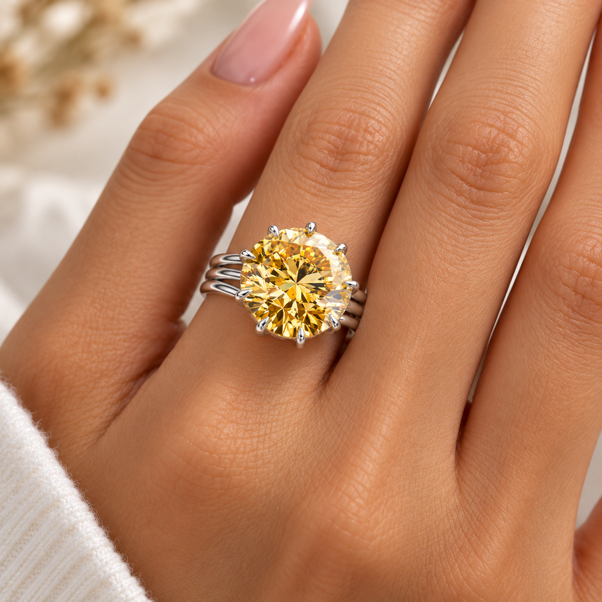 11 CT Round cut Yellow Moissanite Statement Ring 14K White Gold