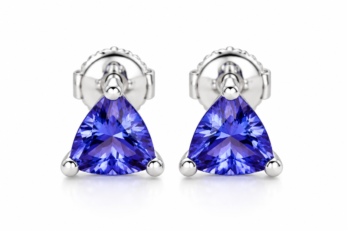 Trillion Cut Tanzanite Stud Earrings 14K White Gold Dainty Gemstone Earrings Gift for Him or Her