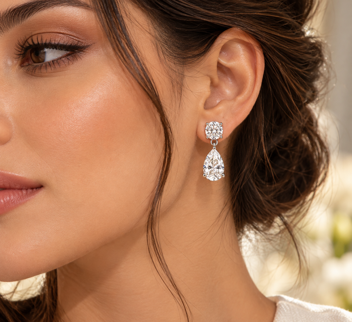 Pear & Round Moissanite Drop Earrings | 14K White Gold Stud Earrings | Christmas Gift for Her