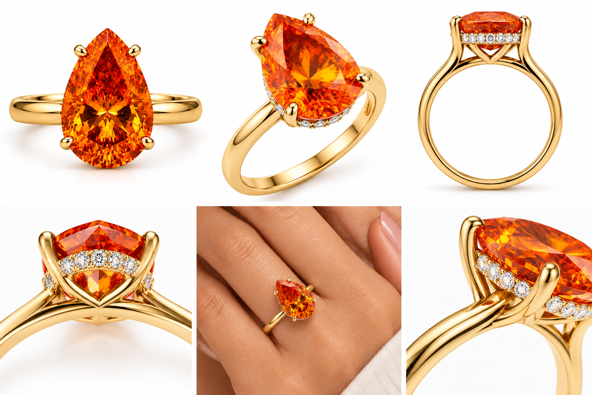 Ceylon Orange Pear Cut Moissanite Ring | 6 Ct Orange Gemstone Ring | 14K Yellow Gold Hidden Halo Ring | Unique Bridal Promise Ring