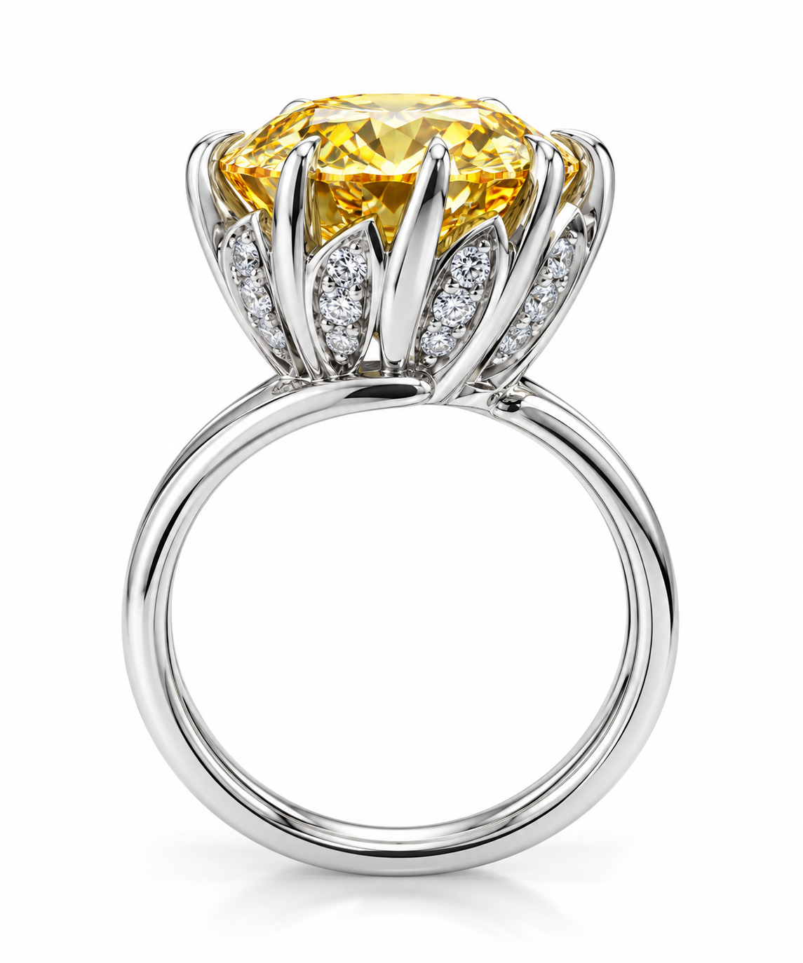 11 CT Round cut Yellow Moissanite Statement Ring 14K White Gold