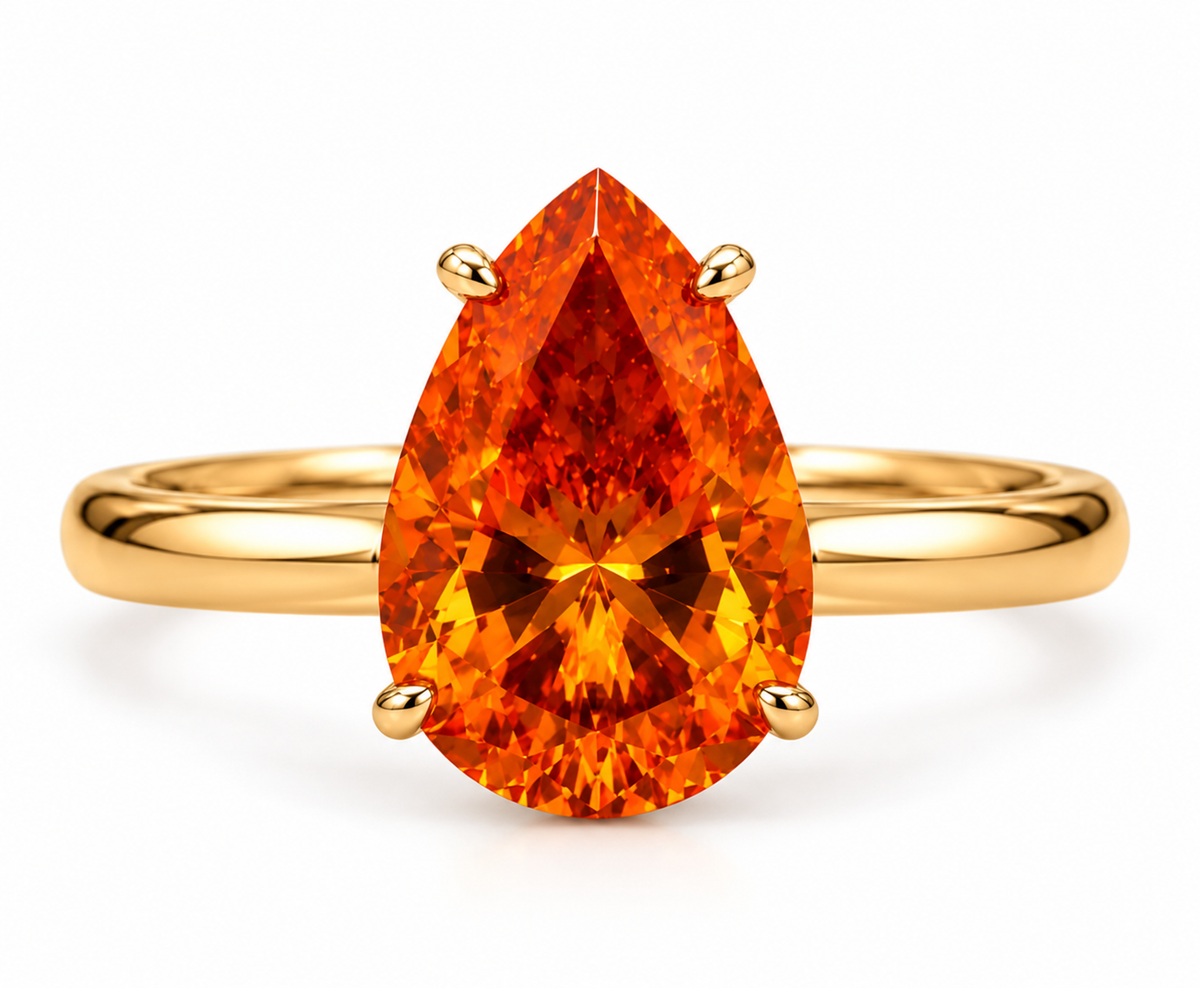 Ceylon Orange Pear Cut Moissanite Ring | 6 Ct Orange Gemstone Ring | 14K Yellow Gold Hidden Halo Ring | Unique Bridal Promise Ring