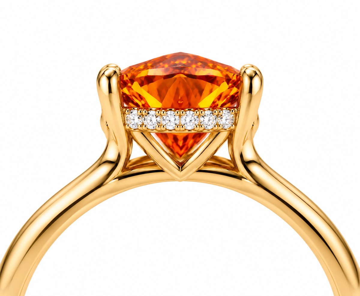 Ceylon Orange Pear Cut Moissanite Ring | 6 Ct Orange Gemstone Ring | 14K Yellow Gold Hidden Halo Ring | Unique Bridal Promise Ring