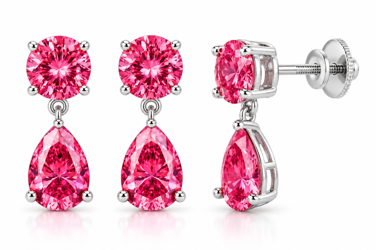 Pink Moissanite Dangle Drop Earrings, Pear & Round Cut 14K White Gold Studs, Anniversary Gift for Her