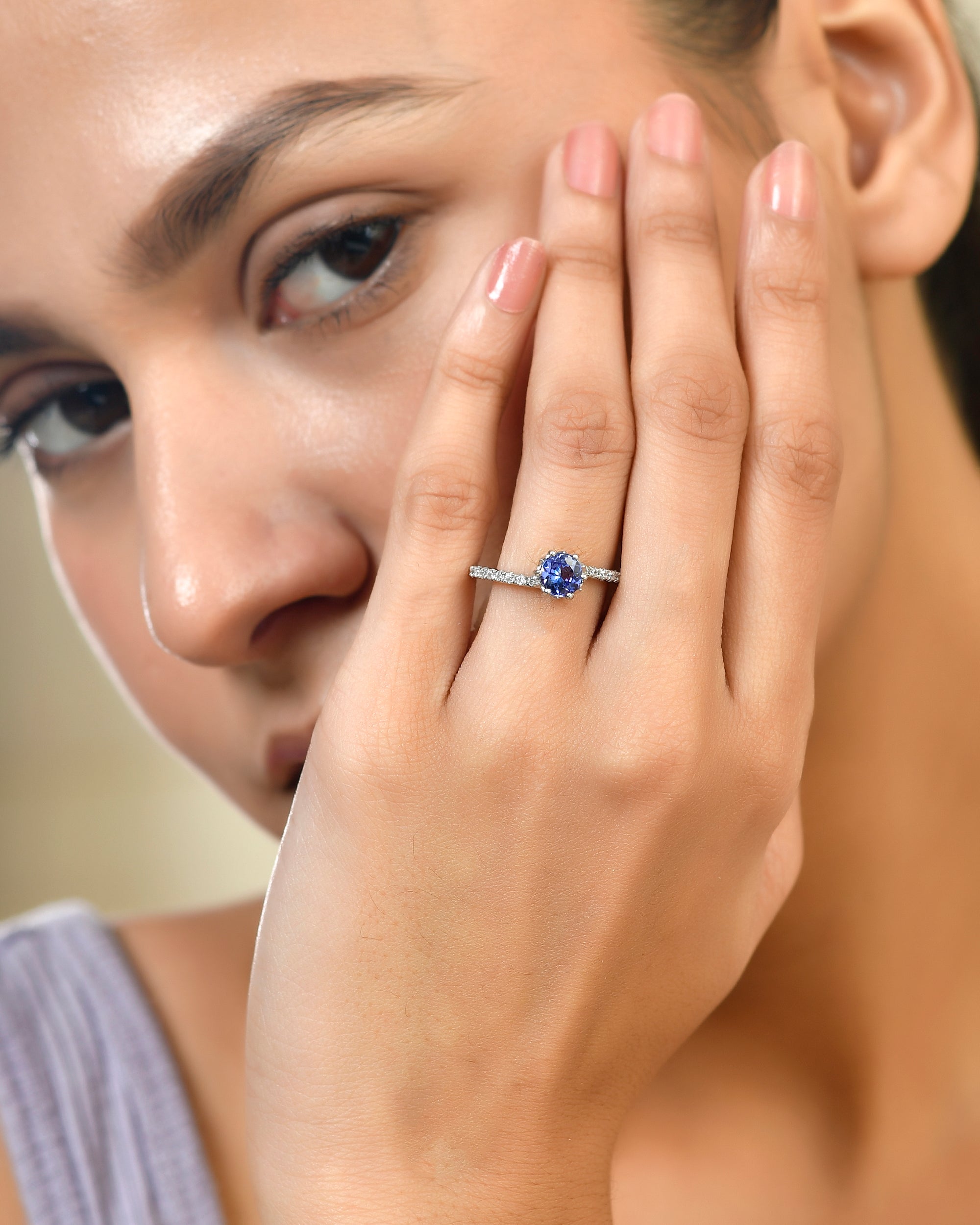 Prong-Set Tanzanite Bypass Ring with Moissanite Accents