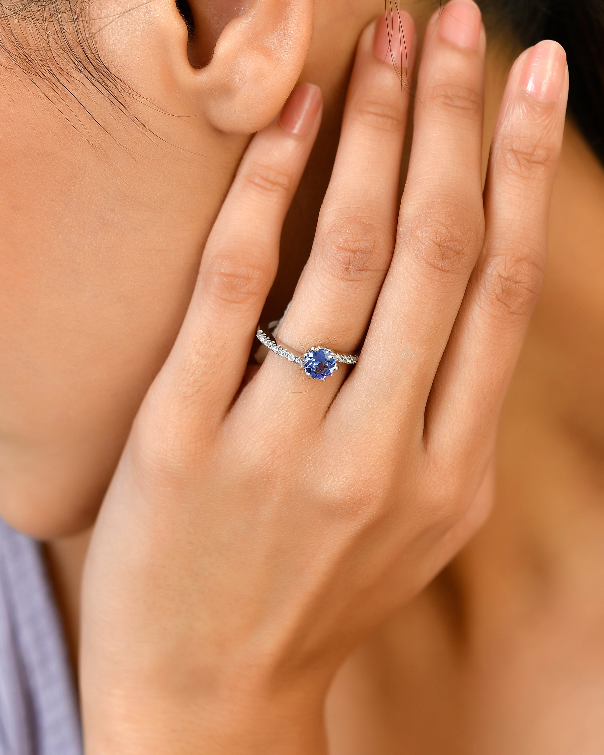 Prong-Set Tanzanite Bypass Ring with Moissanite Accents