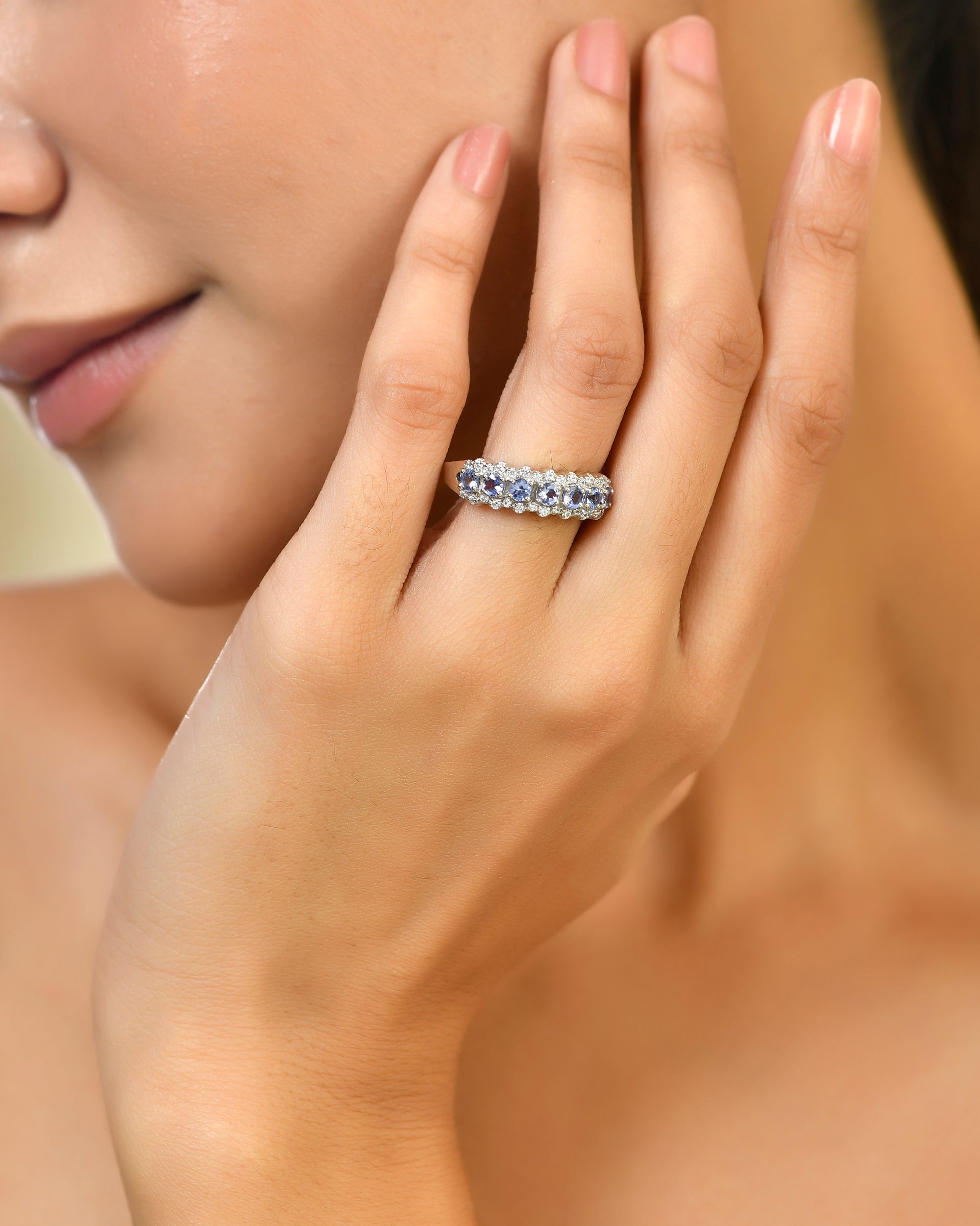 Vintage Style Oval Tanzanite Ring with Certified Moissanite