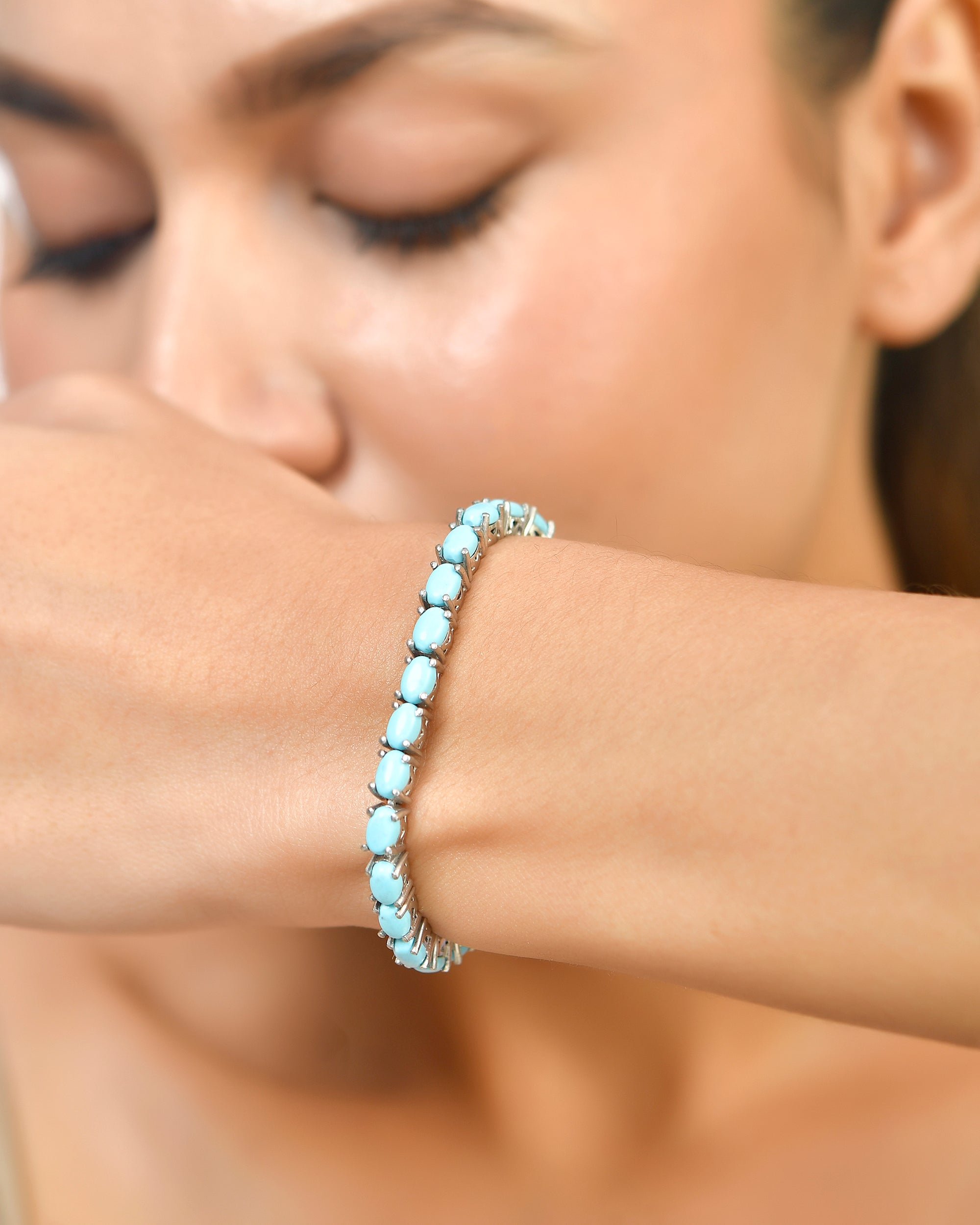 Oval Shaped Turquoise Tennis Linear Bracelet