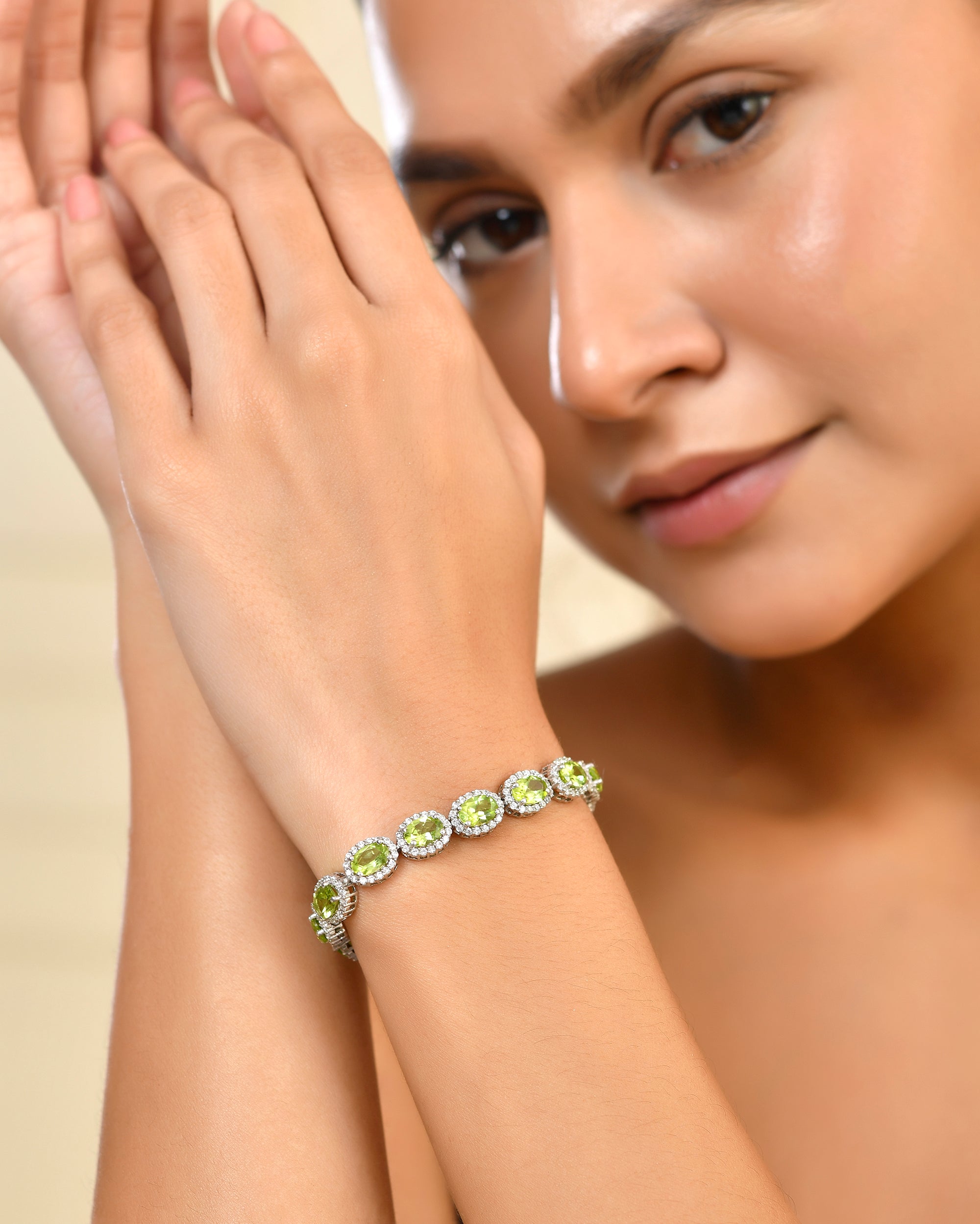 Luxury Oval Peridot and Moissanite Halo Link Bracelet