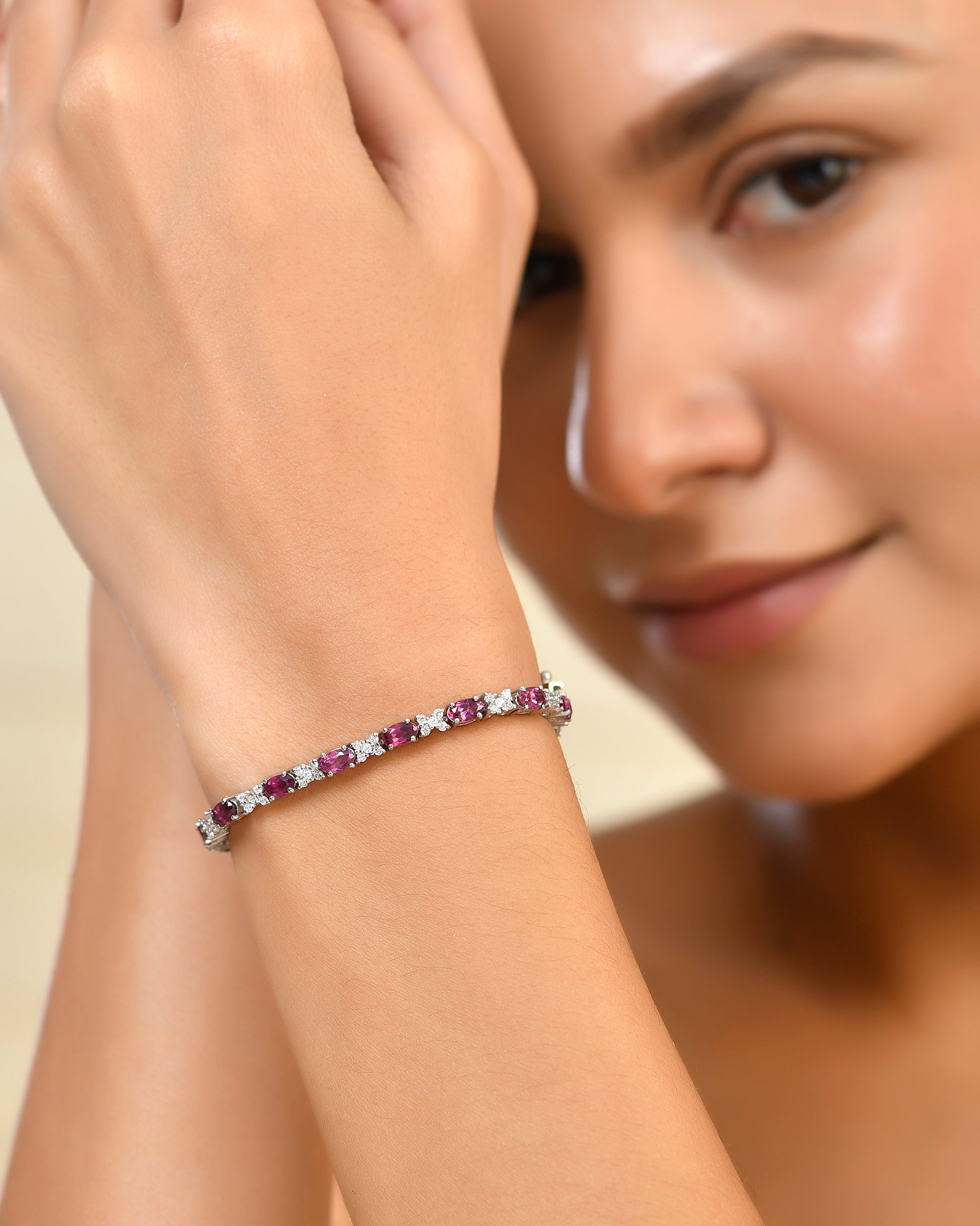 Oval Rhodolite and Illusion Moissanite Tennis Bracelet