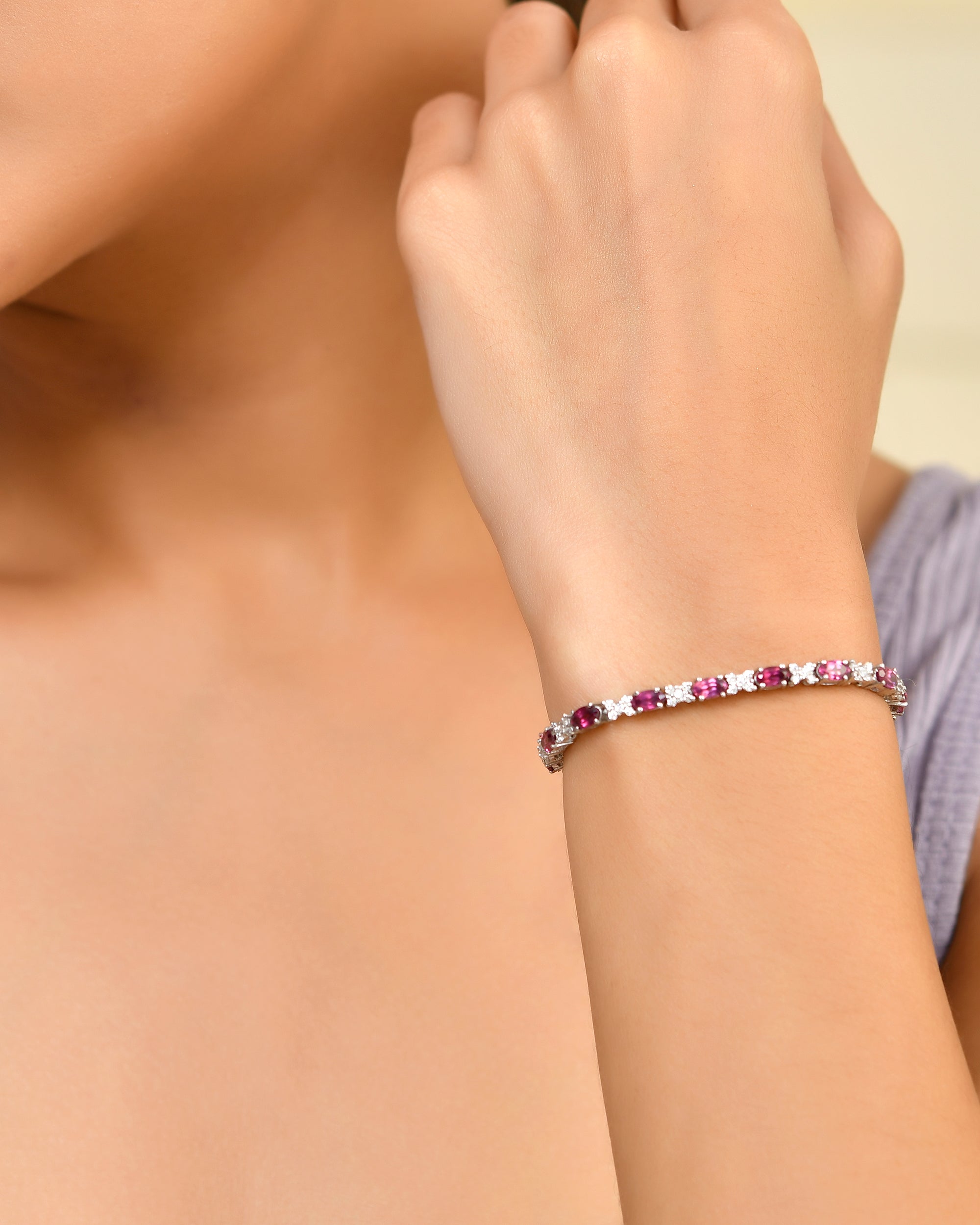 Oval Rhodolite and Illusion Moissanite Tennis Bracelet