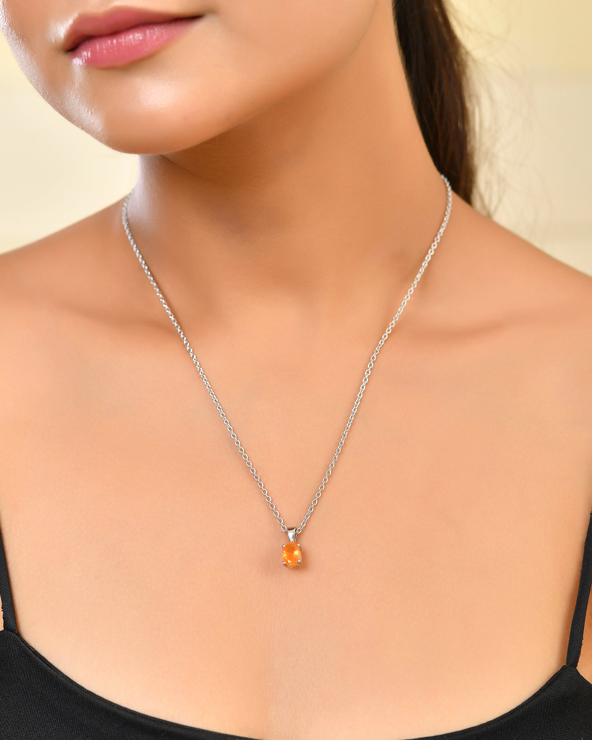 Fire Opal Solitaire Pendant Necklace
