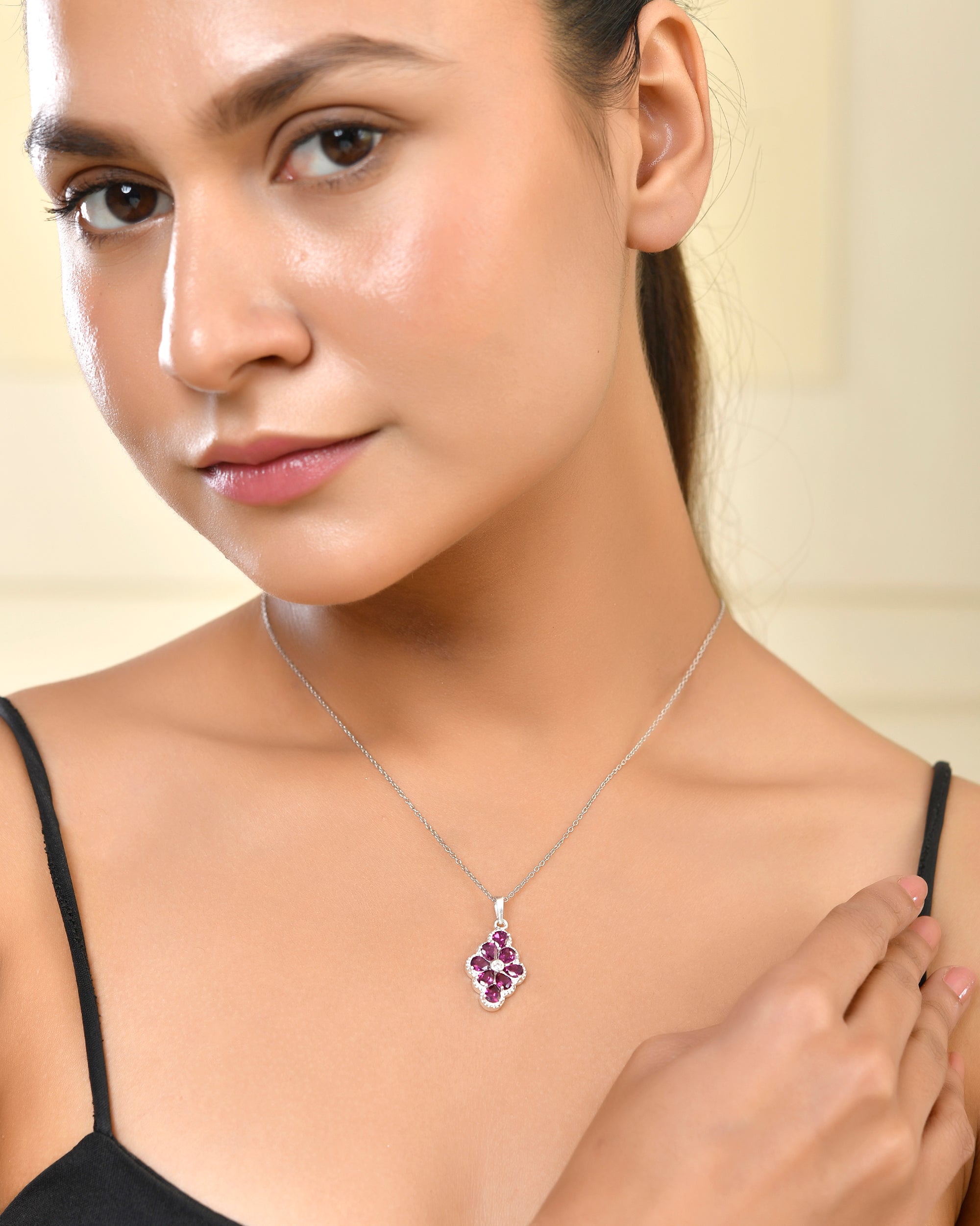 Rhodolite Cluster Pendant with Moissanite