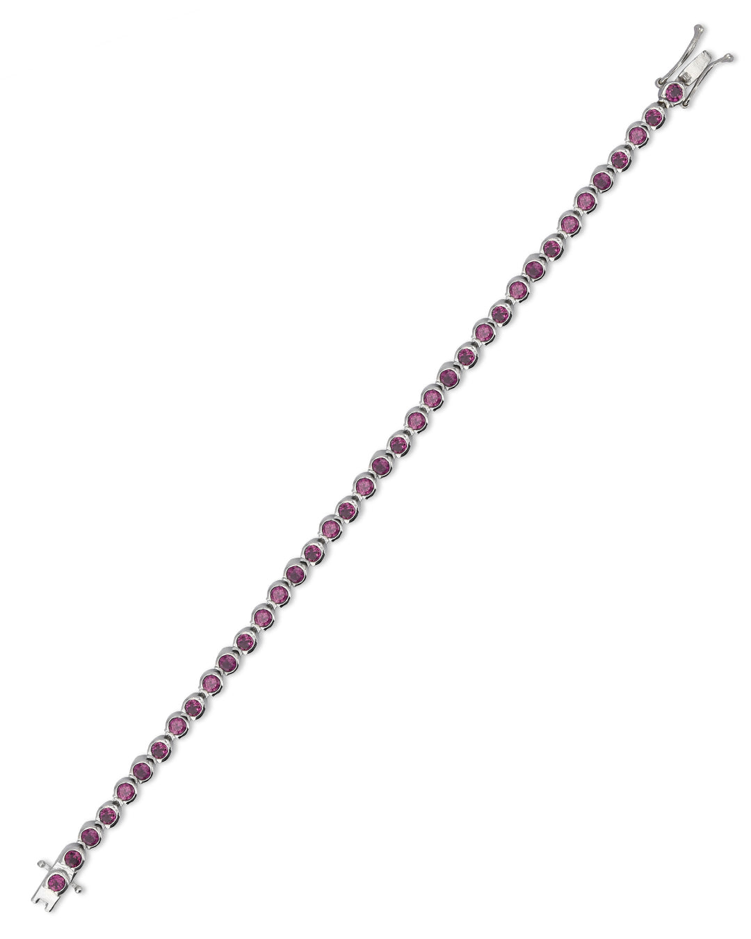Elegant tennis bracelet with round-cut gemstones in fine metal.