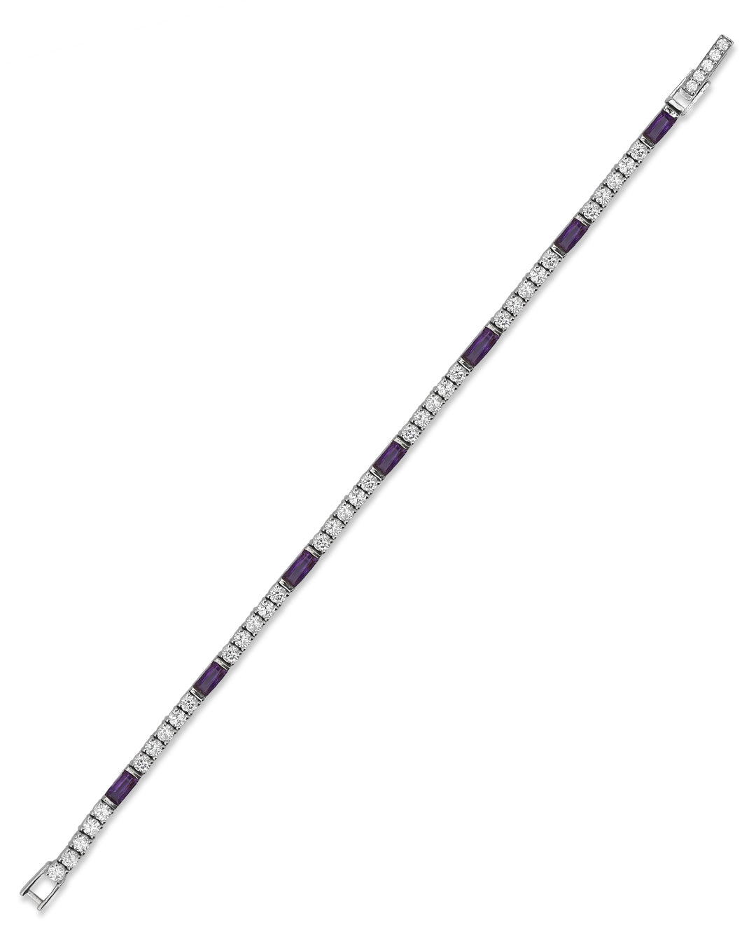 Elegant tennis bracelet with round-cut gemstones in fine metal.
