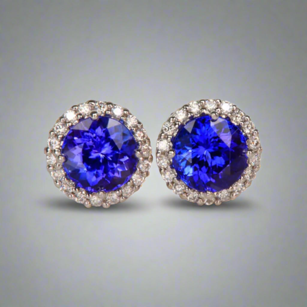 Deluxe Round Tanzanite and Moissanite stud earrings