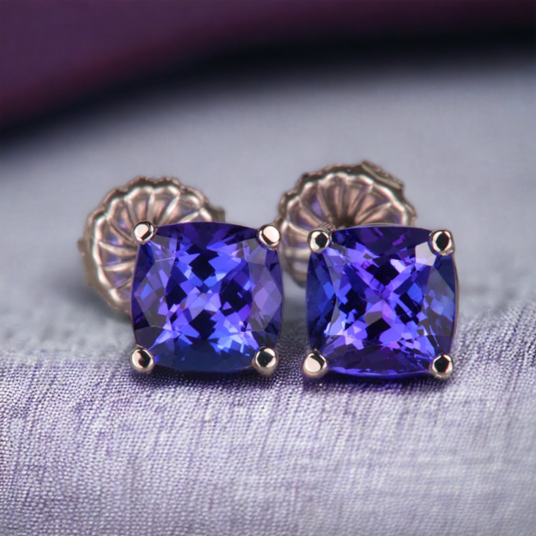 Timeless AAAA Cushion Cut Tanzanite Stud Earrings with Solitaire Design for Sophisticated Style