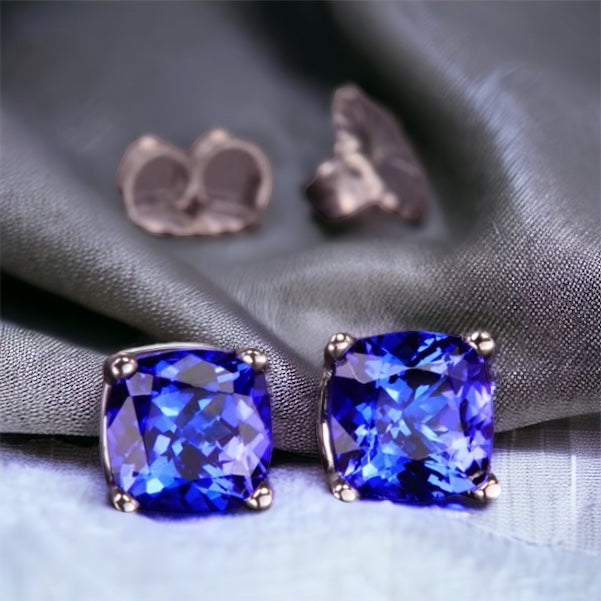 Timeless AAAA Cushion Cut Tanzanite Stud Earrings with Solitaire Design for Sophisticated Style