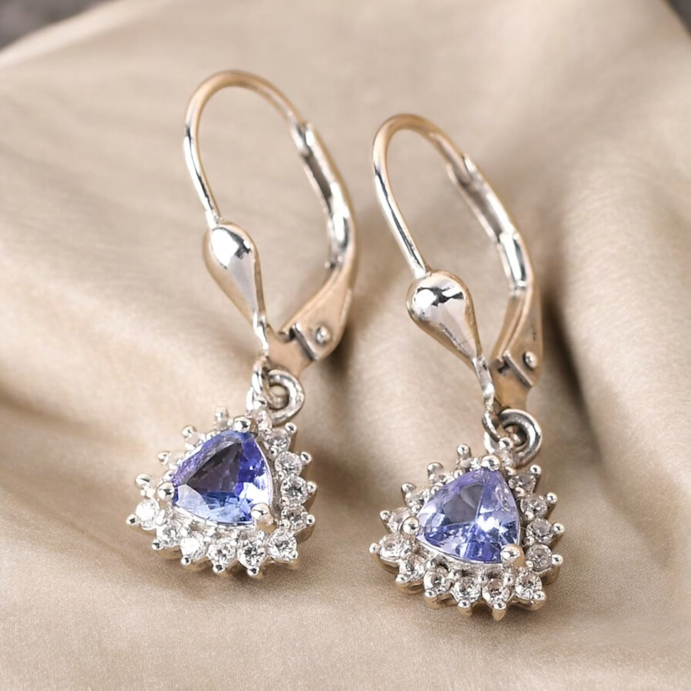 Trillion Tanzanite Lever Back Halo Dangle Earrings