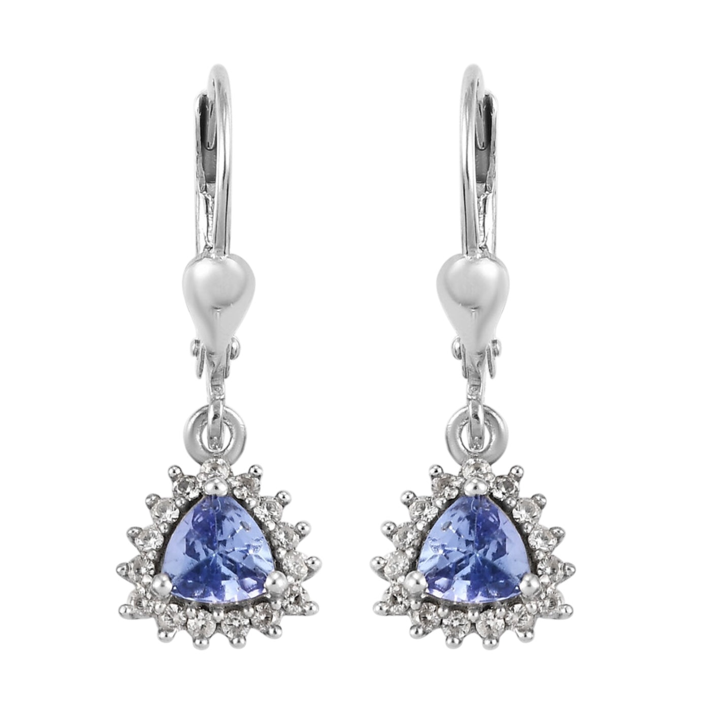 Trillion Tanzanite Lever Back Halo Dangle Earrings