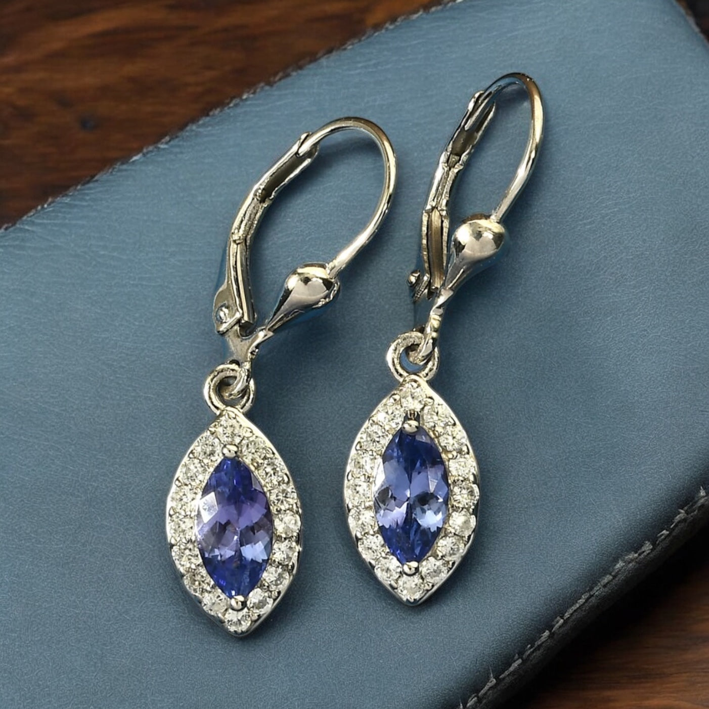 Marquise Tanzanite Lever Back Halo Dangle Earrings