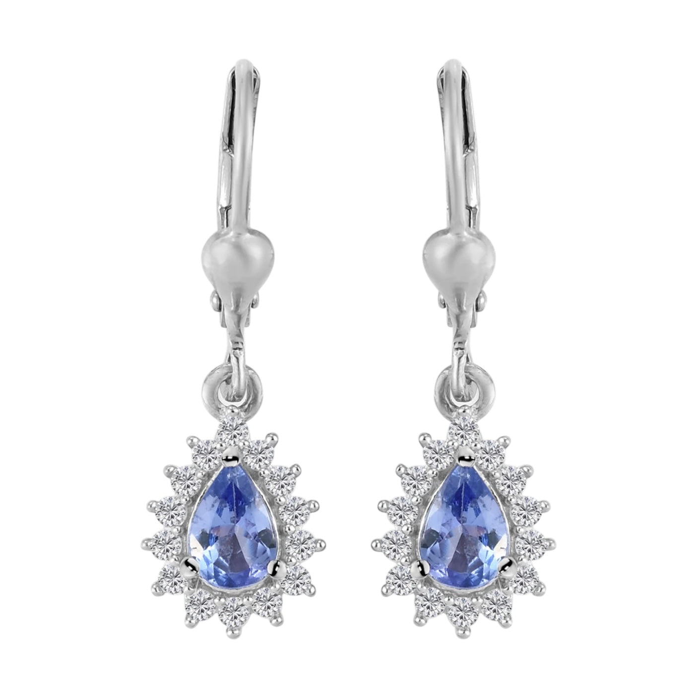 Pear Tanzanite Lever Back Halo Dangle Earrings