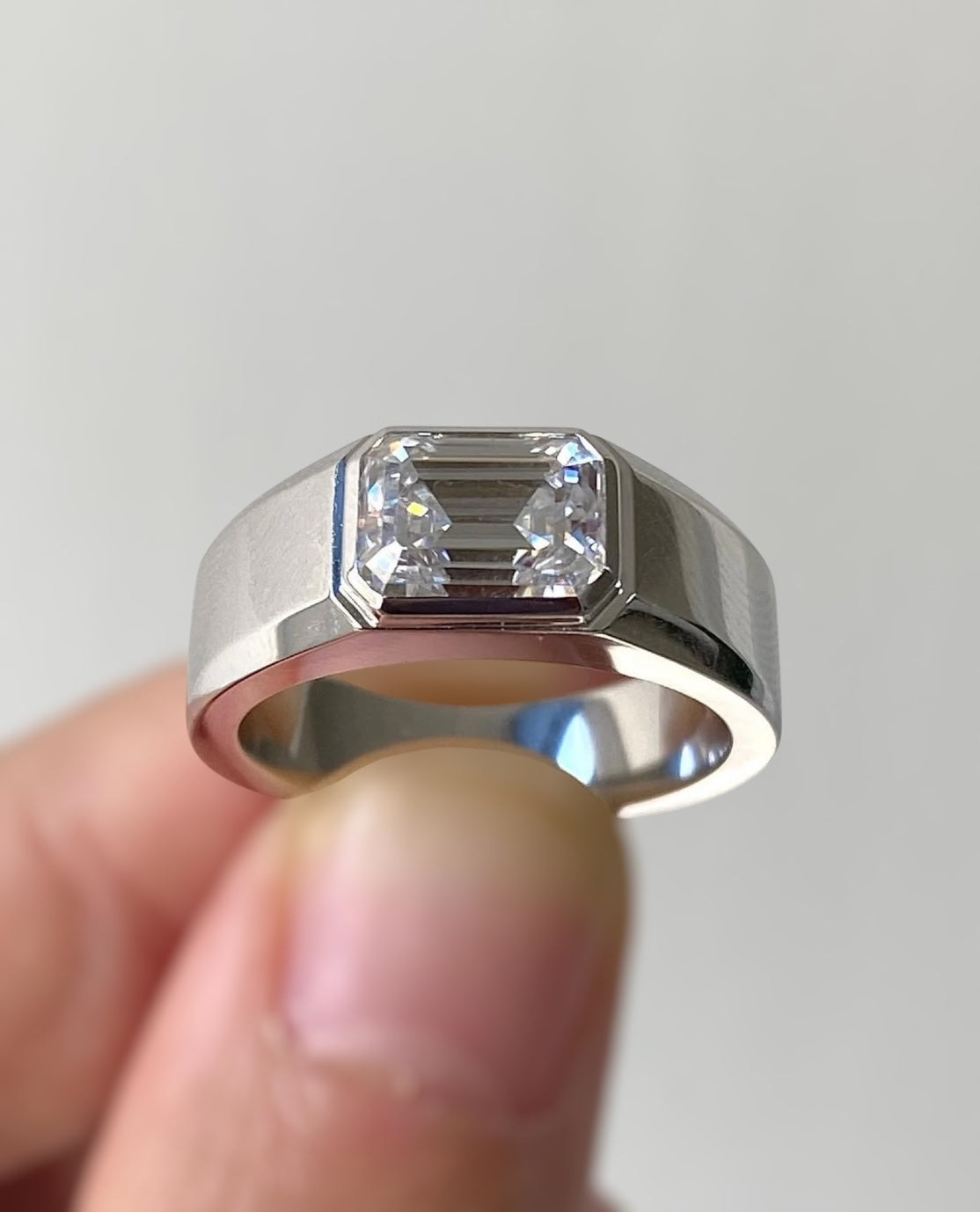 Bezel Set Emerald Cut Moissanite Ring for Men
