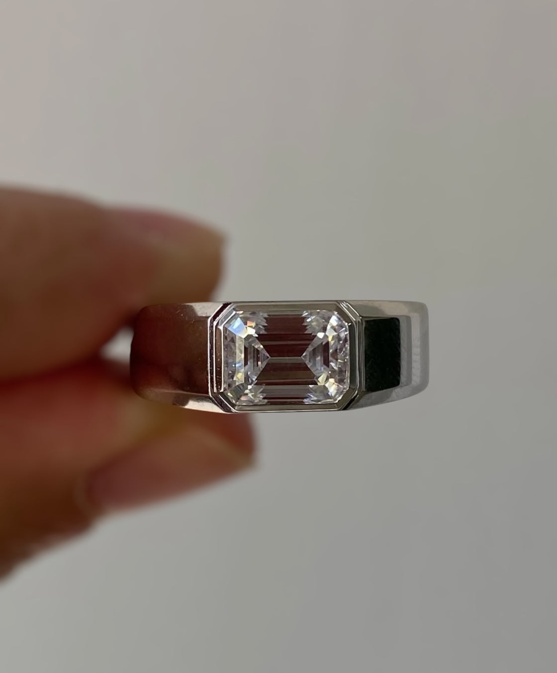 Bezel Set Emerald Cut Moissanite Ring for Men