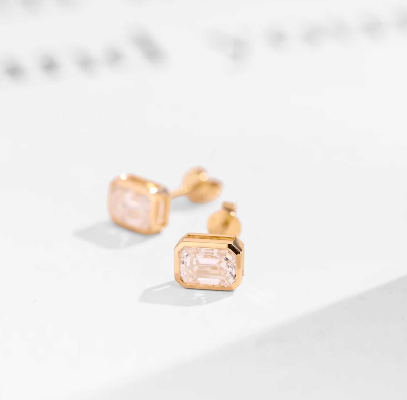 Bezel-Set Emerald-Cut Moissanite Solitaire Stud Earrings