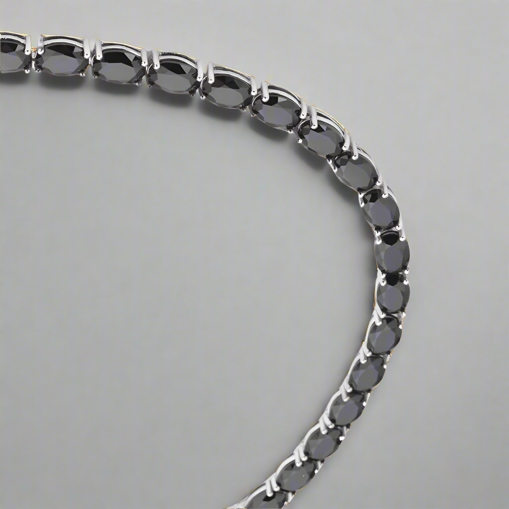 Luxury tennis necklace with sparkling gemstones set in silver.