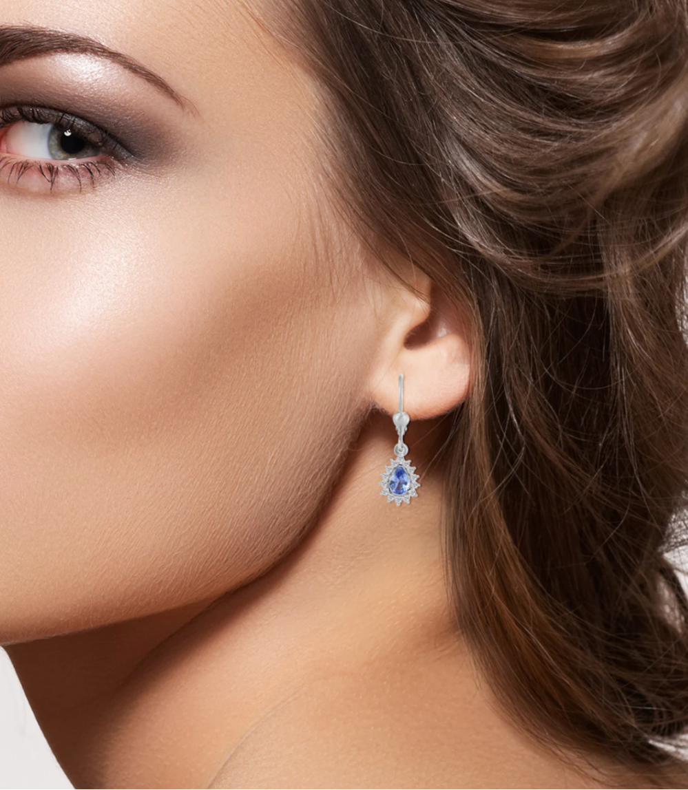 Pear Tanzanite Lever Back Halo Dangle Earrings