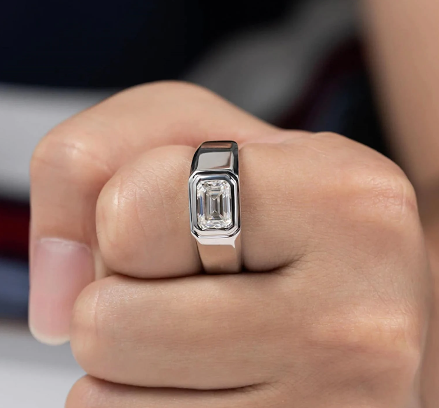 Bezel Set Emerald Cut Moissanite Ring for Men
