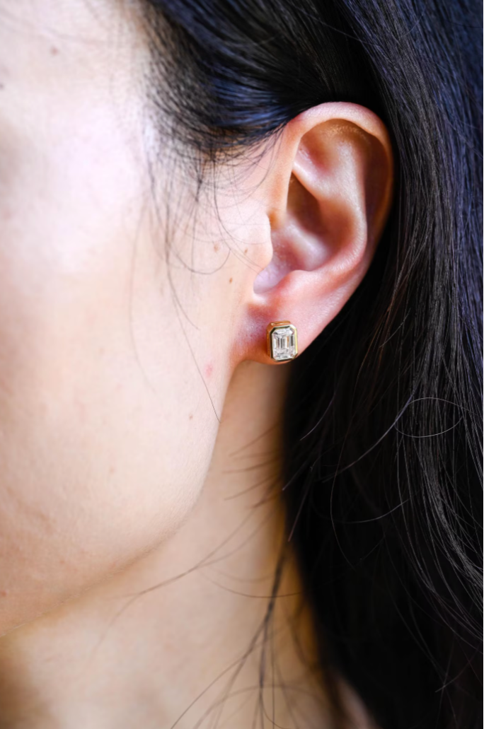 Bezel-Set Emerald-Cut Moissanite Solitaire Stud Earrings