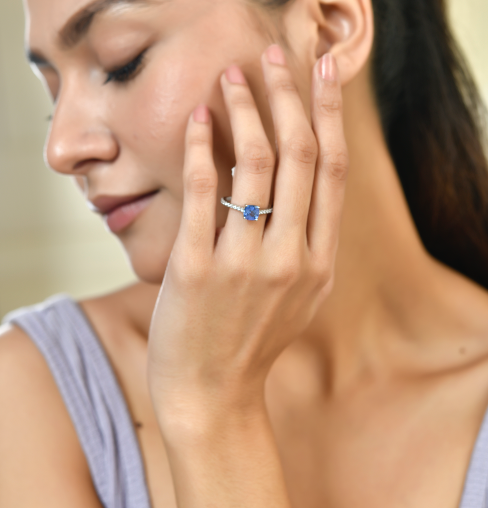 Cushion Tanzanite Ring with Moissanite Accents