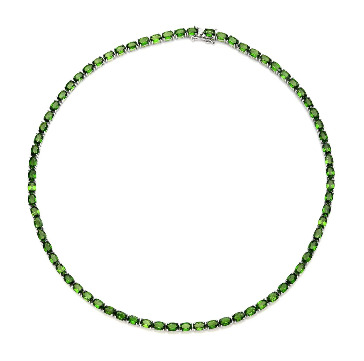 Luxury tennis necklace with sparkling gemstones set in silver.