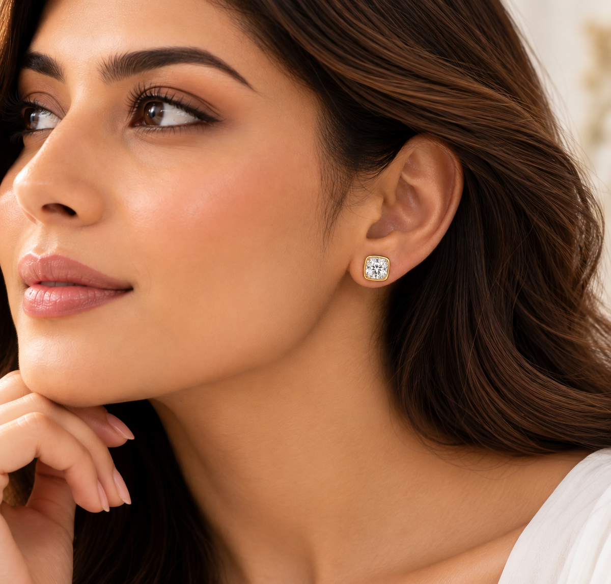 14k Gold Cushion Moissanite Stud Earrings Bezel Set, Birthday Gift for her