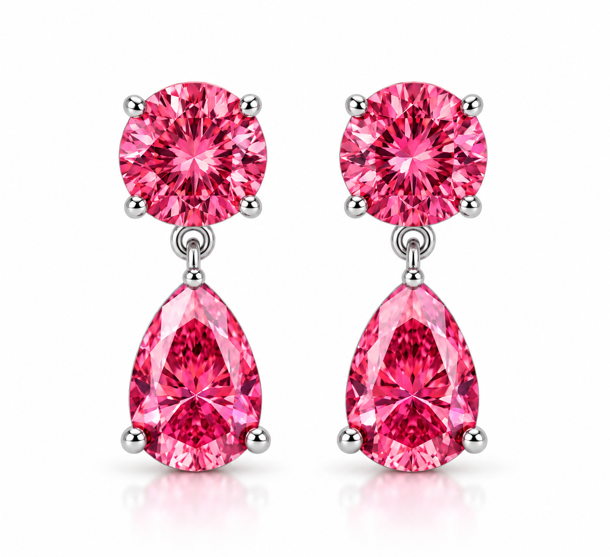 Pink Moissanite Dangle Drop Earrings, Pear & Round Cut 14K White Gold Studs, Anniversary Gift for Her