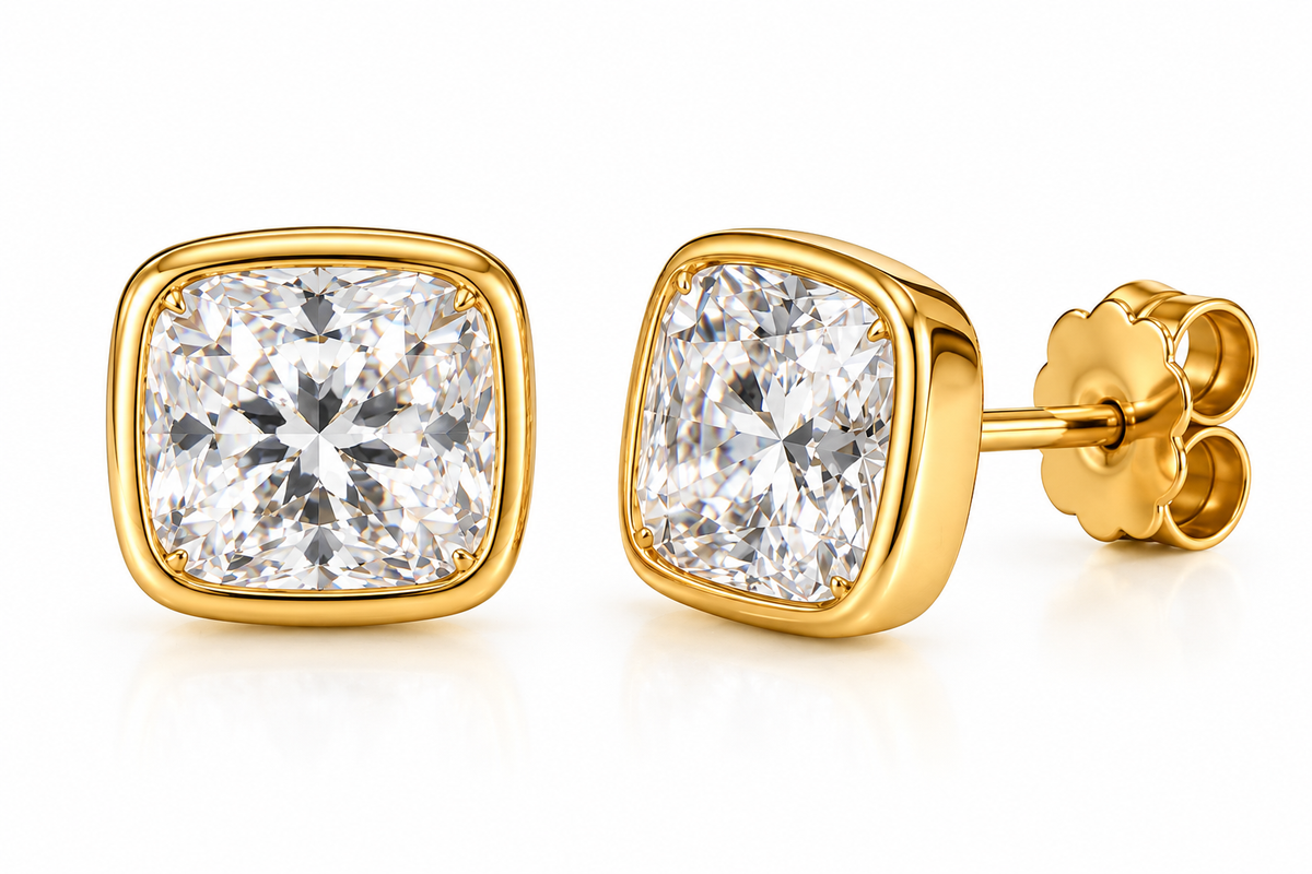 14k Gold Cushion Moissanite Stud Earrings Bezel Set, Birthday Gift for her
