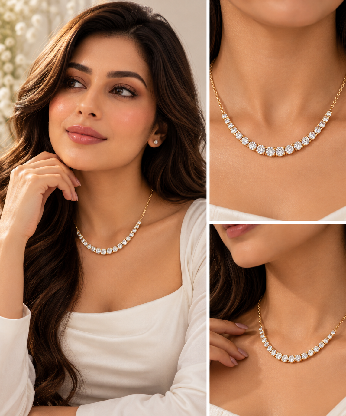 Graduated Round Moissanite Tennis Necklace 14K Gold Vermeil Anniversary Gifts