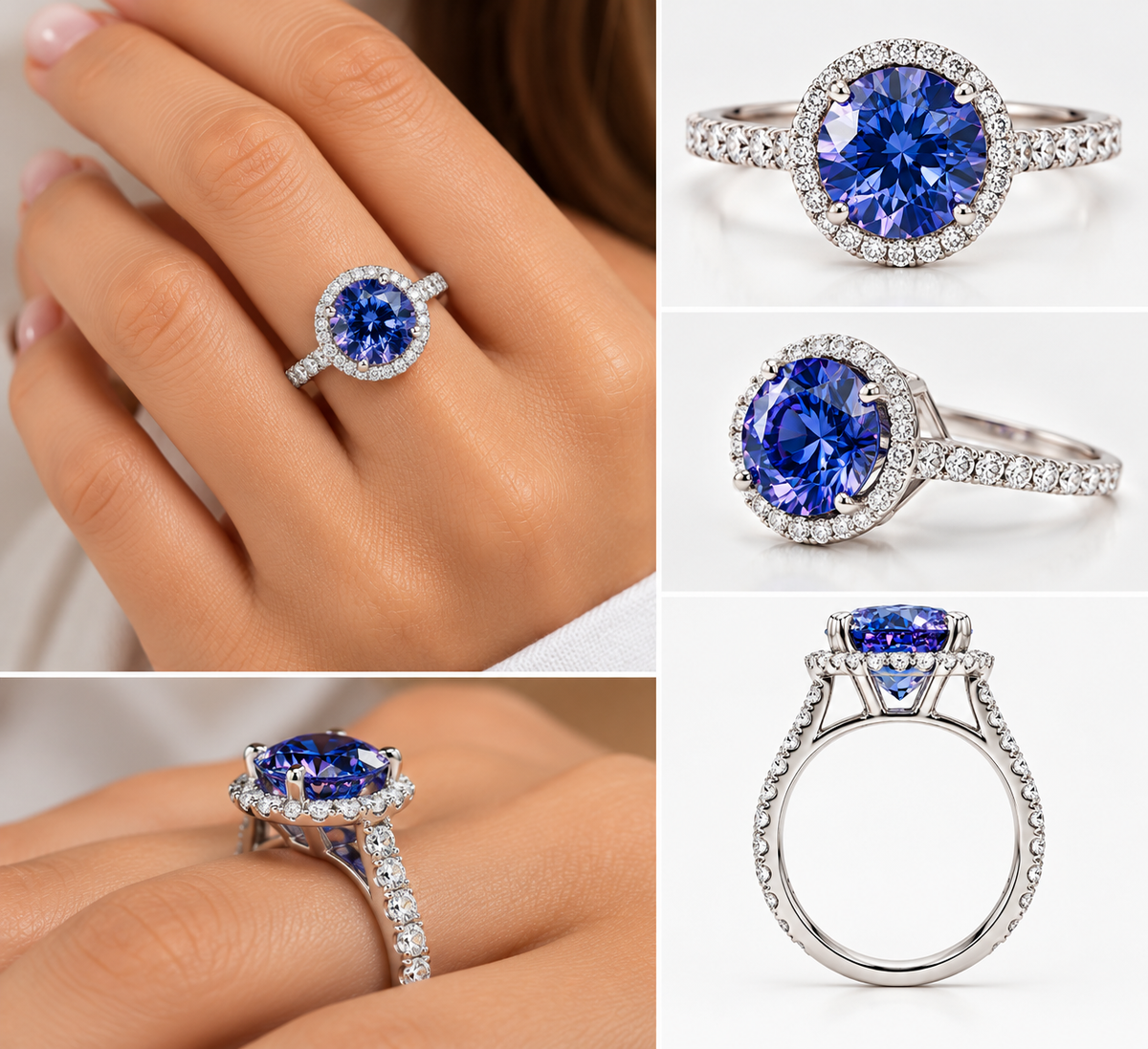 4 CT Blue Alexandrite Moissanite Engagement Ring | 14K White Gold Halo, Pave Band
