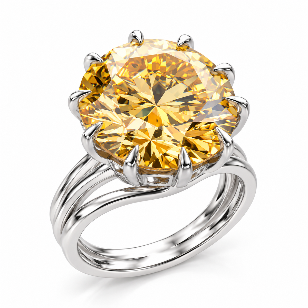 11 CT Round cut Yellow Moissanite Statement Ring 14K White Gold