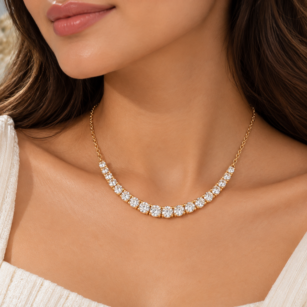 Graduated Round Moissanite Tennis Necklace 14K Gold Vermeil Anniversary Gifts
