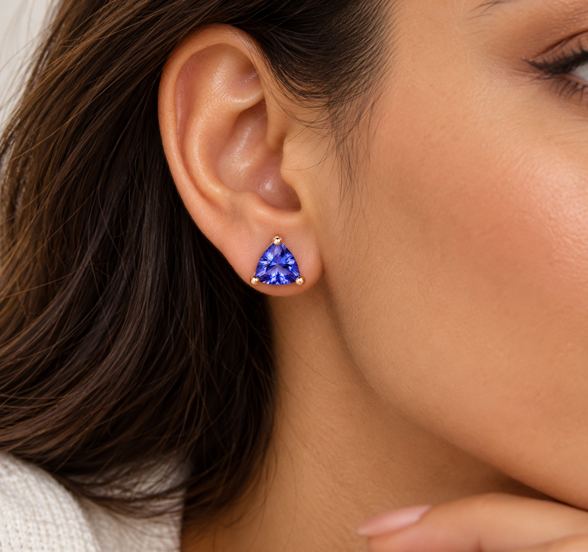 Trillion Cut Tanzanite Stud Earrings 14K White Gold Dainty Gemstone Earrings Gift for Him or Her