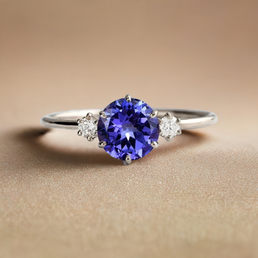 Classic Tanzanite and Diamond Three Stone Engagement Ring