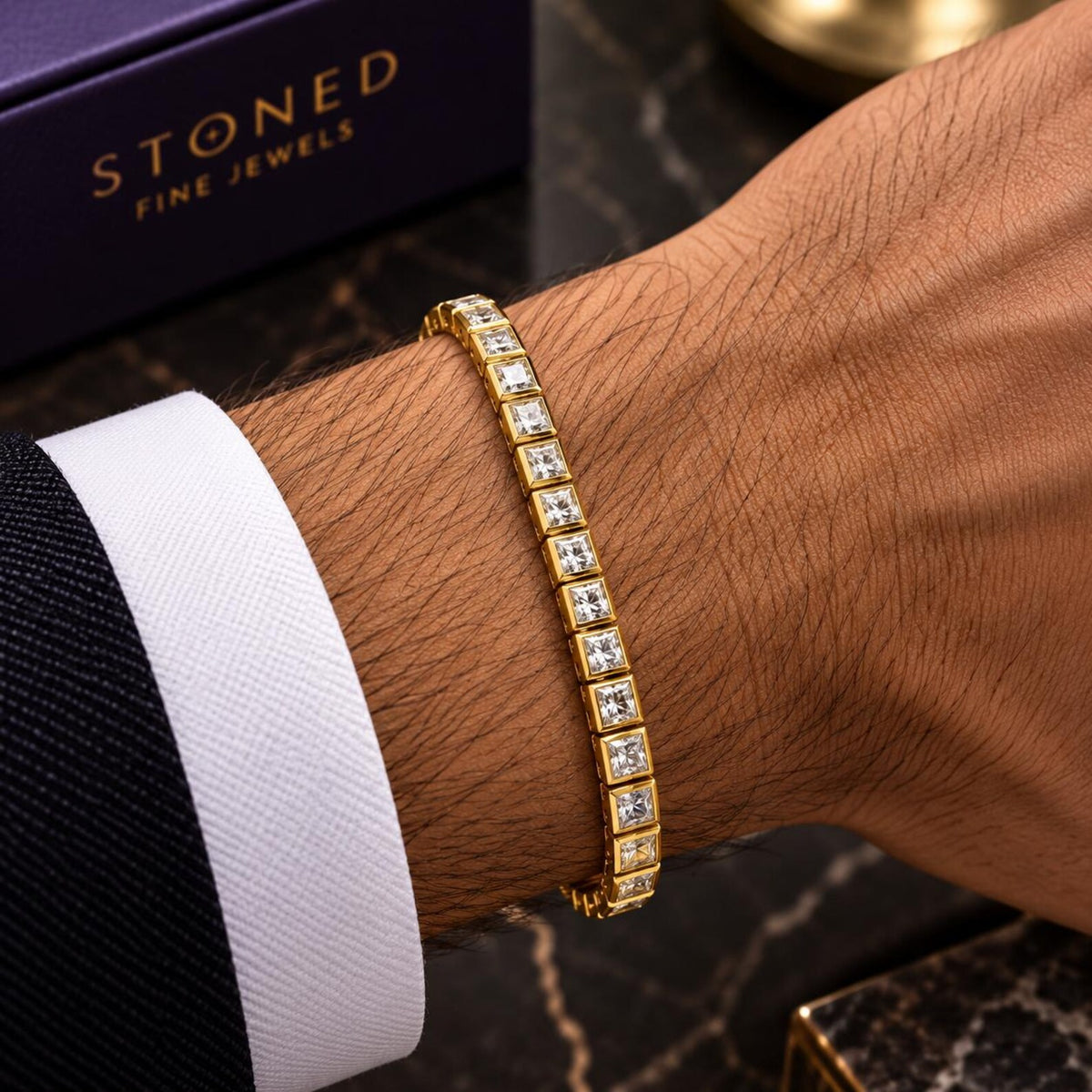 3mm Princess cut Moissanite Tennis Bracelet 14k Gold Vermeil Finish Bezel Set
