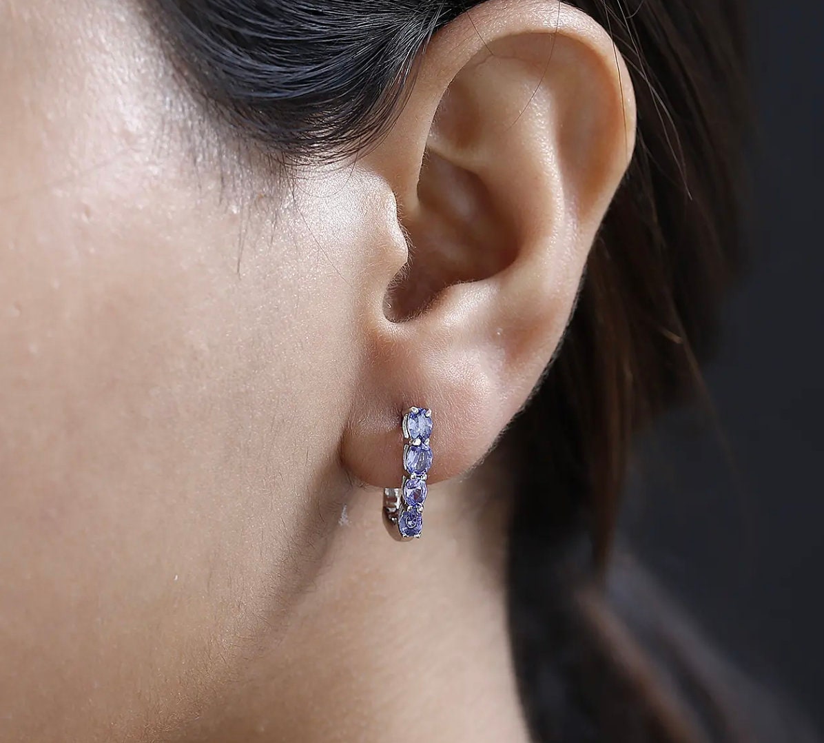 Oval Shaped Tanzanite Huggie Hoop Earrings