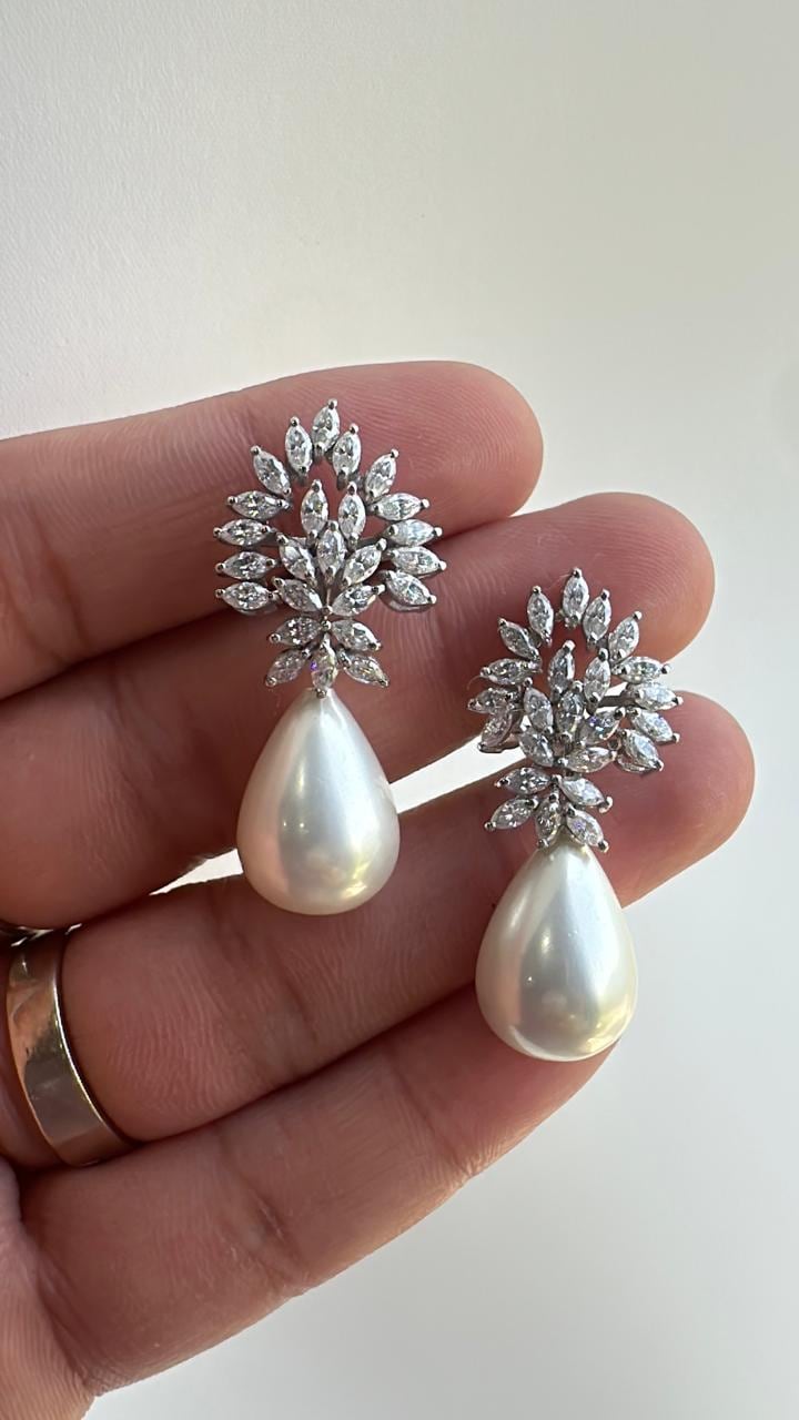 Moissanite & Pearl Drop Earrings for women: 925 Silver Platinum Finish Jewelry for Gift