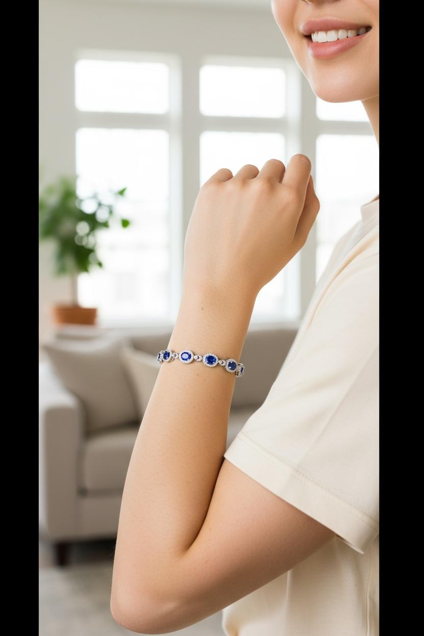 Blue Sapphire & Moissanite Halo Bracelet: 925 Sterling Silver